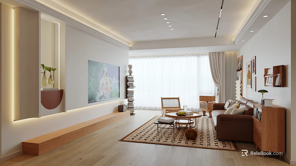 Modern Living Room Interior With TV Sofa Coffee Table Rug And Large Windows 3d model 