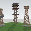 Different Designed Wooden Observation Towers With Spiral Stairs And Viewing Platforms