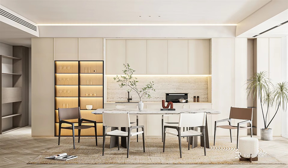 Modern Minimalist Restaurant Interior Design With Glass Dining Table Chairs And Illuminated Wine Cabinet 3d model 