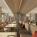 Modern Restaurant Interior With Wooden Ceiling Long Corridor And Seating Area 3d model