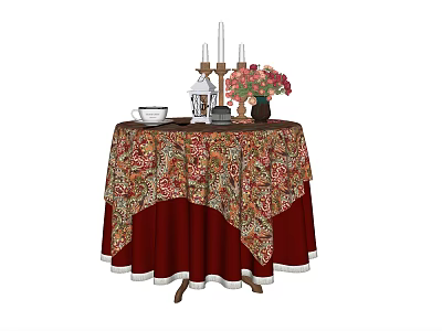 Elegant Round Dining Table With Floral Pattern Tablecloth Flower Vase And Candles 3d model