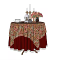 Elegant Round Dining Table With Floral Pattern Tablecloth Flower Vase And Candles 3d model