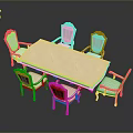 Classic Light Colored Dining Table Set Featuring Six Ornate Carved Chairs 3d model