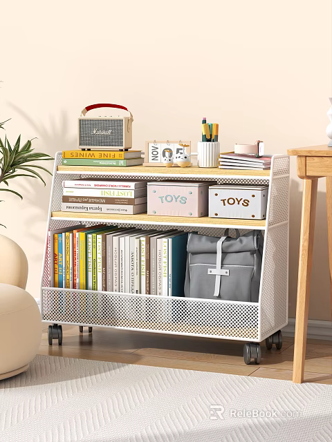 Study Room Interior With White Wheeled Shelving Unit Books Toys Boxes Radio And Stationery 3d model 