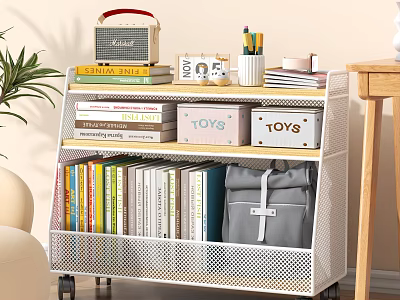 Study Room Interior With White Wheeled Shelving Unit Books Toys Boxes Radio And Stationery 3d model