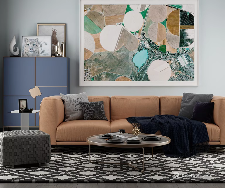 Modern Sofa and Coffee Table Set With Light Brown Upholstery Throw Pillows And Abstract Painting 3d model 