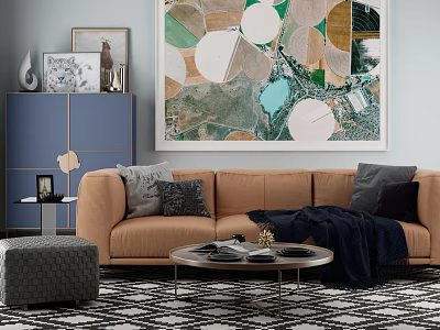 Modern Sofa and Coffee Table Set With Light Brown Upholstery Throw Pillows And Abstract Painting 3d model
