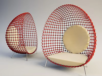 Red Egg Shaped Single Sofa With Mesh Design And Beige Cushion Metal Frame 3d model
