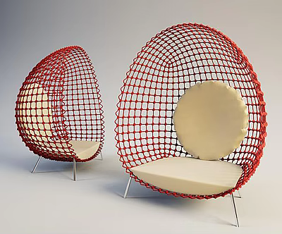 Red Egg Shaped Single Sofa With Mesh Design And Beige Cushion Metal Frame 3d model