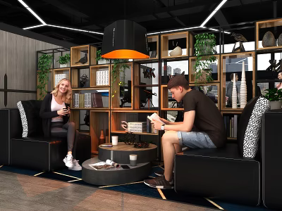 Modern Public Office Space Featuring People Interacting Bookshelves Green Plants and Sofas 3d model