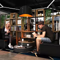 Modern Public Office Space Featuring People Interacting Bookshelves Green Plants and Sofas
