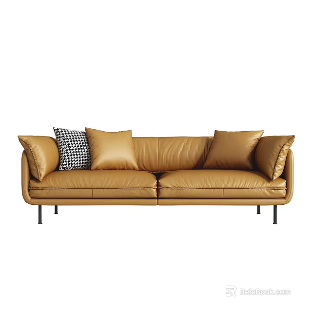 Modern Gold Leather Two Seater Sofa With Decorative Pillows And Black Legs 3d model 