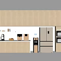 Modern Kitchen Light Wood Cabinets With Fridge And Storage Boxes 3d model