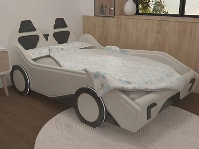Car Shaped Children's Bed With Light Colored Design Wheels And Blue Floral Sheets 3d model