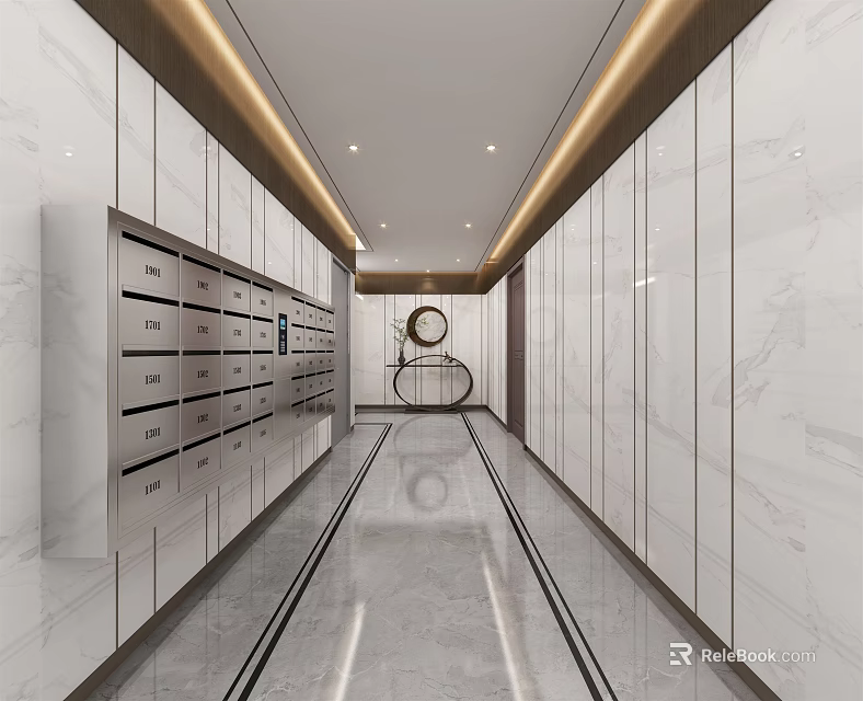 Luxury Modern Elevator Hallway With Marble Walls Mailboxes And Ceiling Light Strips 3d model