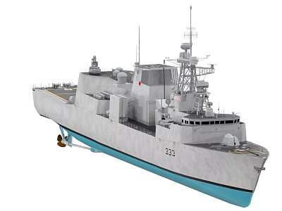 Modern Naval Warship With Gray Hull Blue Bottom And Radar Antennas 3d model