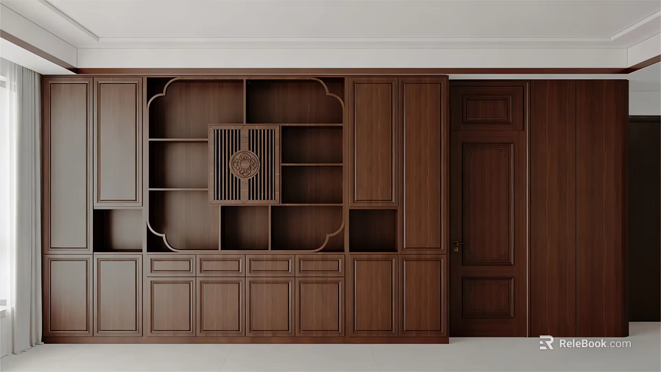 Chinese Style Wooden Cabinet With Shelves And Door In Interior Design 3d model 