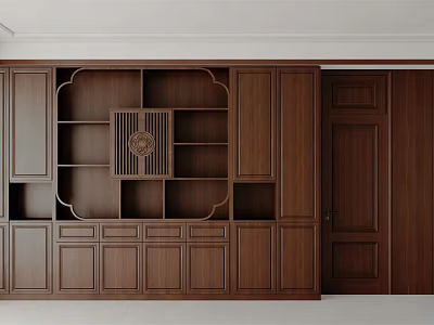 Chinese Style Wooden Cabinet With Shelves And Door In Interior Design 3d model