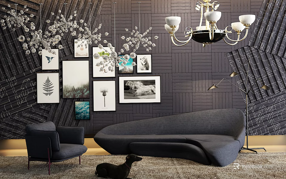 Modern Sectional Sofa Set with Decorative Paintings Feature Wall and Chandelier 3d model