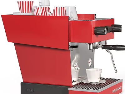 Professional Red Coffee Machine Kitchen Appliance With Stacked Striped Cups And White Cup 3d model