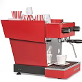 Professional Red Coffee Machine Kitchen Appliance With Stacked Striped Cups And White Cup