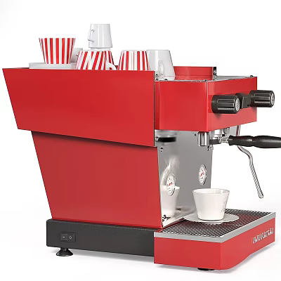 Professional Red Coffee Machine Kitchen Appliance With Stacked Striped Cups And White Cup 3d model