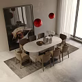 Modern Elegant Dining Set With Oval Marble Table 8 Upholstered Chairs Red Pendant Lights 3d model