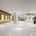 Modern Medical Reception Area With Marble Floor Columns Circular Lighting And Green Plants