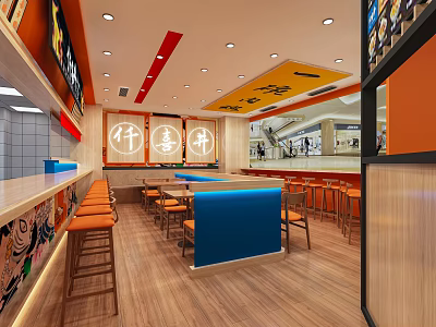 Vibrant Modern Restaurant Interior With Orange Chairs Blue Counter Wooden Floors And Wall Decorations 3d model