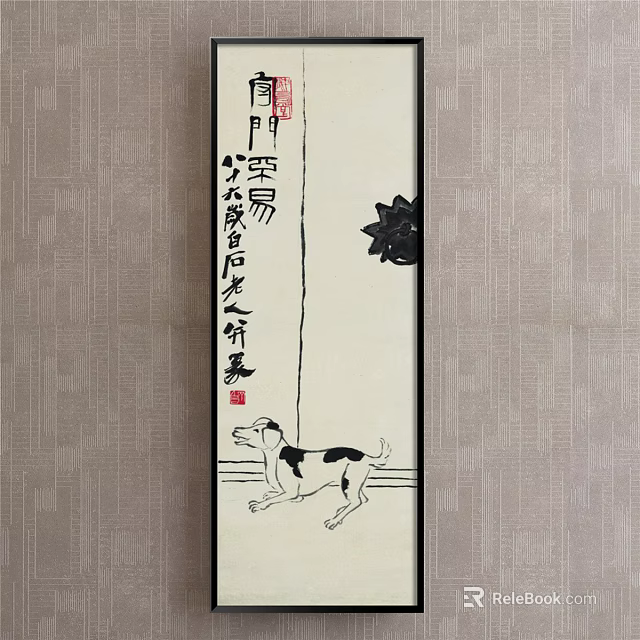 Traditional Chinese Animal Painting Featuring Black and White Running Dog and Calligraphy on Vertical Scroll 3d model 