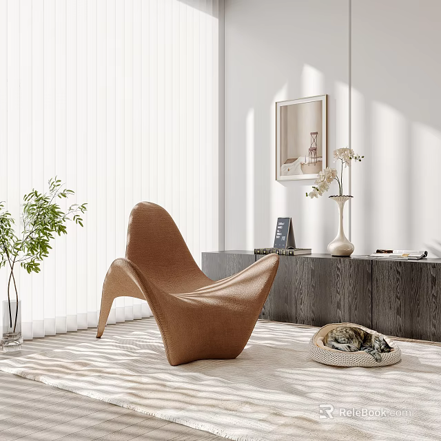 Modern Brown Accent Chair With Sleek Curved Design Potted Plant Wooden Cabinet And Pet Bed 3d model 