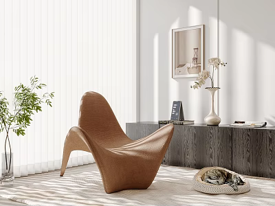 Modern Brown Accent Chair With Sleek Curved Design Potted Plant Wooden Cabinet And Pet Bed 3d model