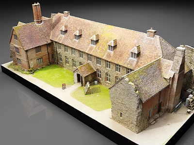 Ancient Building Model With Stone Brick Structure And Gabled Roofs Courtyard Design 3d model