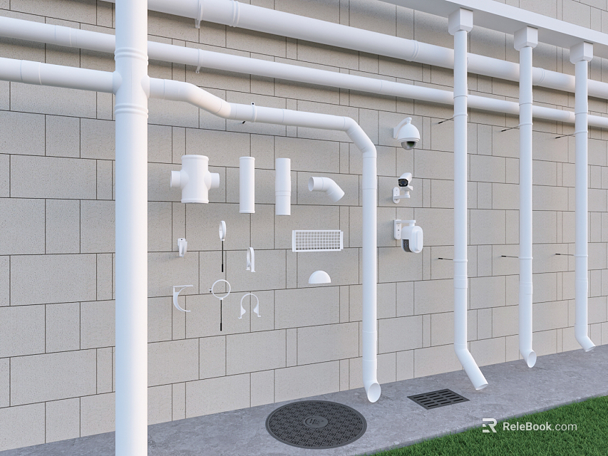 White Pipes with Fittings Elbows Tees Caps on Gray Brick Wall with Drain and Lawn 3d model 