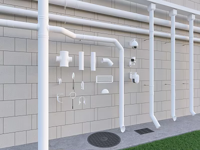 White Pipes with Fittings Elbows Tees Caps on Gray Brick Wall with Drain and Lawn 3d model
