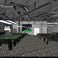 Modern Billiard Room Interior Design With Pool Tables Hanging Lights And TV Screens