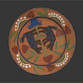 Ceramic Decorative Plate With Orange Background Blue Floral Design Red Strawberry Green Leaf White Dots