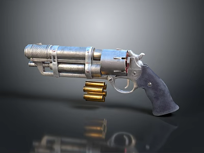 Silver Metallic Revolver With Cylinder Ammunition And Leather Grip On Dark Surface 3d model