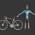 3D Model Cyclist in Blue Outfit With Purple Helmet Standing by Wooden Frame Bicycle