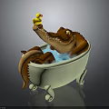 Cute Cartoon Crocodile Taking a Bath in White Bathtub With Yellow Rubber Duck