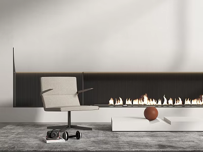 Modern Beige Accent Chair By Fireplace With Flames On Rug Near Dumbbell And Books 3d model