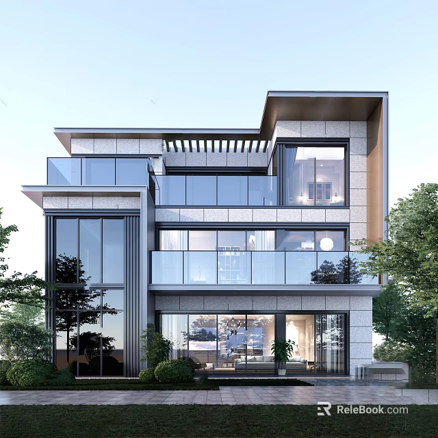 Modern Detached Villa With Multi Storey Design Large Glass Windows Balconies And Trees 3d model 