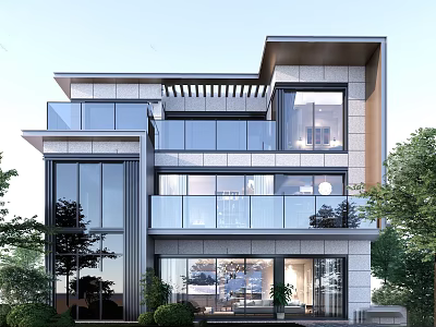 Modern Detached Villa With Multi Storey Design Large Glass Windows Balconies And Trees 3d model