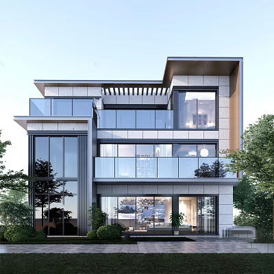 Modern Detached Villa With Multi Storey Design Large Glass Windows Balconies And Trees 3d model