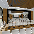 Spacious Conference Room Featuring White Chairs Arranged In Rows Wooden Ceiling Lectern And Banner