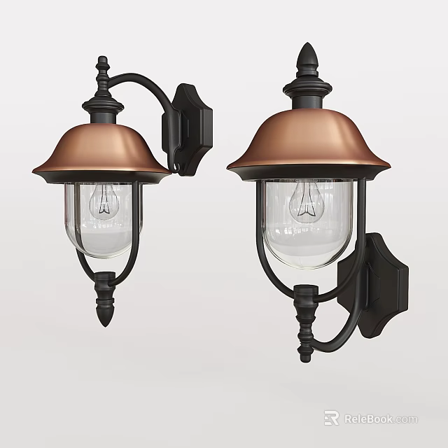Vintage Outdoor Wall Lights With Copper Shades Black Brackets And Glass Globes 3d model 