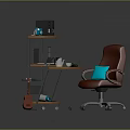Wooden Desk Setup With Red Office Chair Laptop Speakers And Guitar