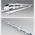 Modern White And Blue High Speed Train With Streamlined Design Running On Tracks 3d model