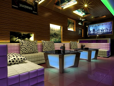 Modern KTV Lounge Interior With Purple White Sofas Illuminated Tables And TV Screen 3d model