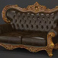 Vintage Brown Leather Double Sofa With Ornate Carved Details And Tufted Backrest